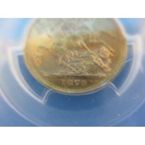 119 - A Victorian gold sovereign dated 1879, a circulated coin in a PCGS sealed display case