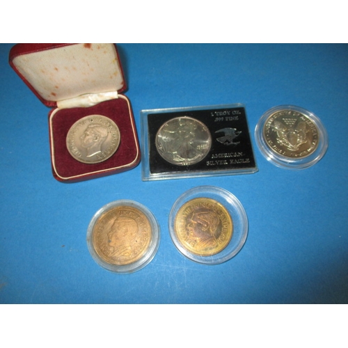 127 - Two 1oz fine silver American coins, a 1937 crown and 2 Edward VIII collectors coins, all in circulat... 