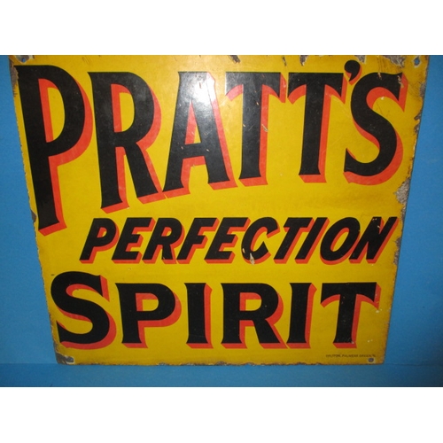 275 - An antique double sided enamel advertising sign for Pratt’s perfection spirit, makers mark for Brunt... 