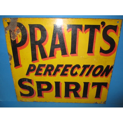 275 - An antique double sided enamel advertising sign for Pratt’s perfection spirit, makers mark for Brunt... 