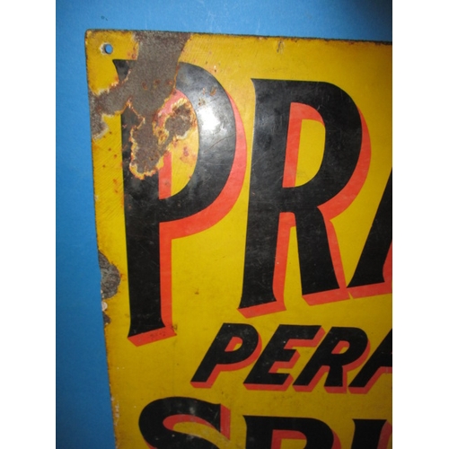 275 - An antique double sided enamel advertising sign for Pratt’s perfection spirit, makers mark for Brunt... 