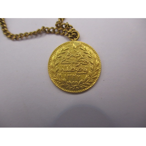 109 - A vintage gold coin bracelet, the coins being Turkish 25 Krush, having 23 in total, approx. gross we... 