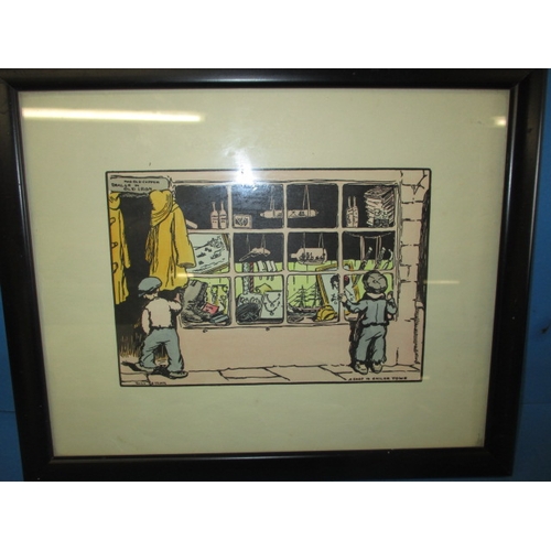 258 - Jack B Yates (1871-1957) “A Shop in Sailor Town” hand coloured print No31 Cuala press Dublin, in gla... 