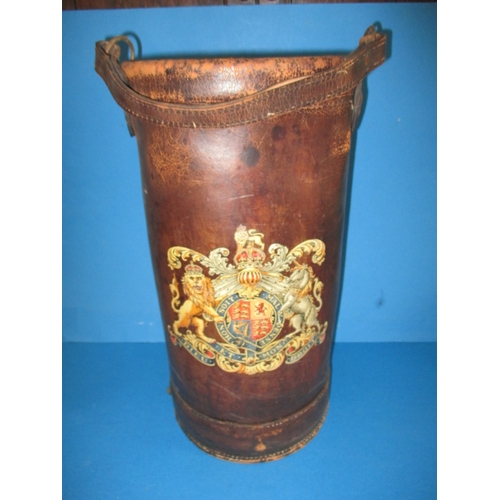 239 - An antique British military leather gunpowder carrier, having royal cypher to side, approx. height 5... 