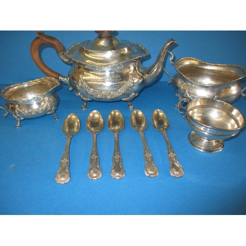 157 - A parcel of silver items, to include Irish spoons, and an antique 3 piece tea set, all in used condi... 