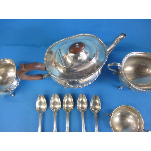 157 - A parcel of silver items, to include Irish spoons, and an antique 3 piece tea set, all in used condi... 