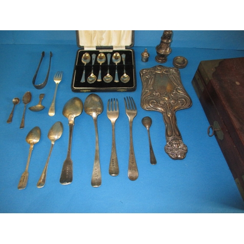 A parcel of antique and later silver and white metal items, approx. weight of hallmarked items without mirror is 500g, all in used condition with some damages
