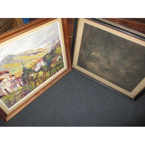 262 - Two framed pictures, one a 20th century oil on canvas the other an antique classical scene print, bo... 