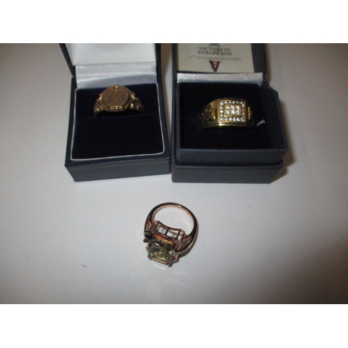 3 vintage rings, one a Vermeil, and one with masonic motif, all in used condition