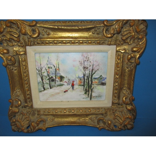 A vintage enamel on copper winter scene, signer lower right David Koop?, approx. image size 20x15cm, in good useable pre-owned condition