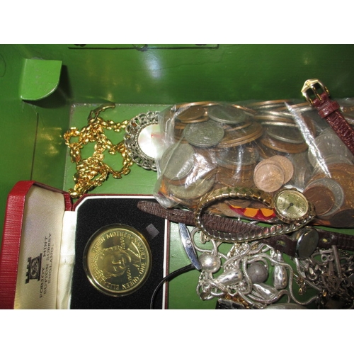 179 - A parcel of vintage costume jewellery, watches and coins in steel security box, to include a gold ca... 