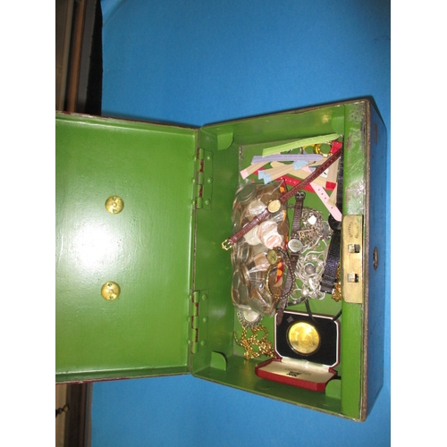 179 - A parcel of vintage costume jewellery, watches and coins in steel security box, to include a gold ca... 