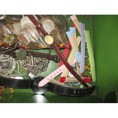 179 - A parcel of vintage costume jewellery, watches and coins in steel security box, to include a gold ca... 