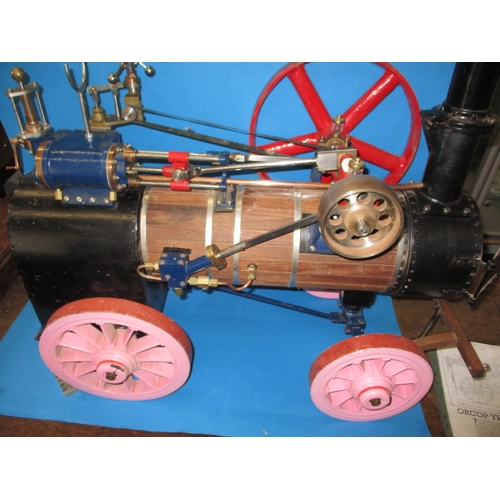 An Orcop Yeoman live steam model portable engine, built by a professional engineer some 20+ years ago, only ever run on compressed air, some minor finishing needed, approx. boiler diameter 6’’ or 15.5cm, approx. length 77cm approx. height to top of stack 102cm