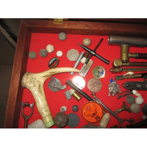 238 - A bijouterie case with contents of antique and later shooting related items. Case having added screw... 