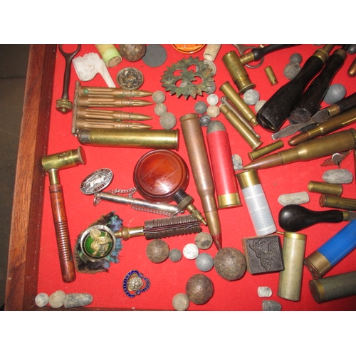 238 - A bijouterie case with contents of antique and later shooting related items. Case having added screw... 