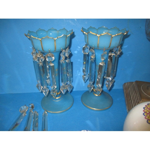 14 - A parcel of general clearance items, to include a pair of antique blue glass table lustres and a cal... 