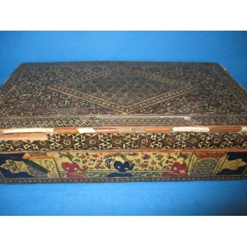 16 - A vintage box wood chess set, in an Indian painted and inlaid box, in useable pre-owned condition