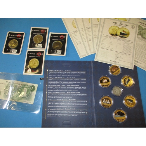 44 - A quantity of collectors coins and medallions, and a £1 bank note, to include Legendary ship wrecks ... 