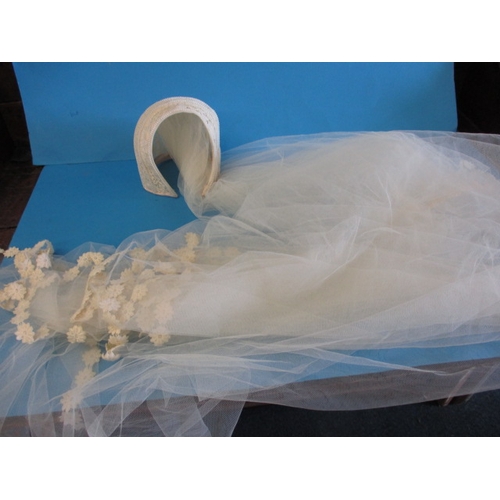 62 - A vintage lace veil and train, with integral head cap, in used condition