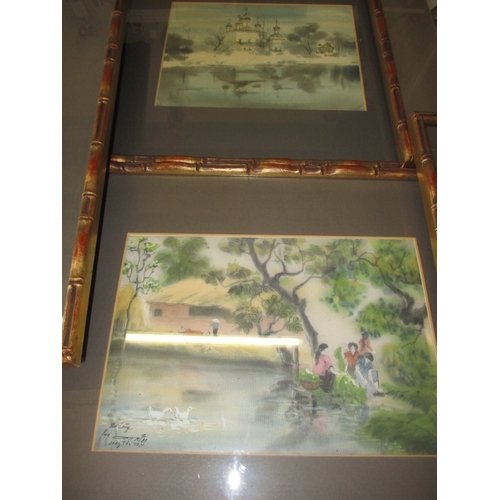 64 - A parcel of oriental framed pictures, some silk, all in good pre-owned condition, approx. size of la... 