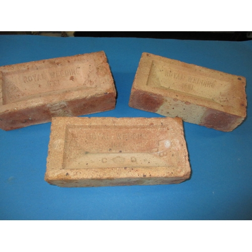 67 - 3 London brick company 1981 Royal wedding commemorative bricks, in unused condition with general age... 