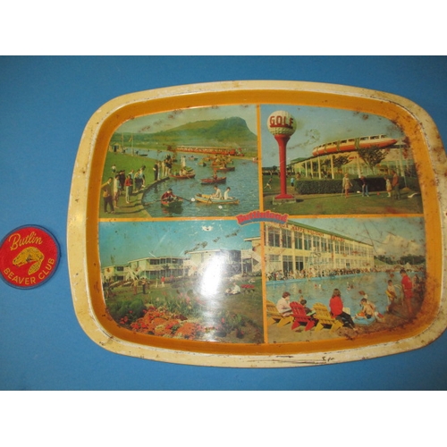 68 - A vintage Butlins holiday camp tin tray and a sew on badge, badge unused tray with general age-relat... 