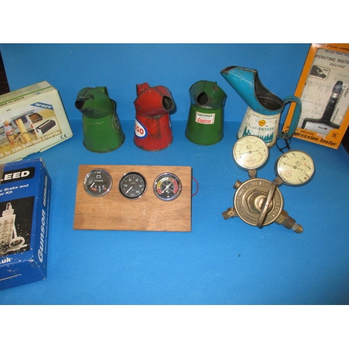 A parcel of vintage motoring related items, to include oil cans and test equipment, all in used condition
