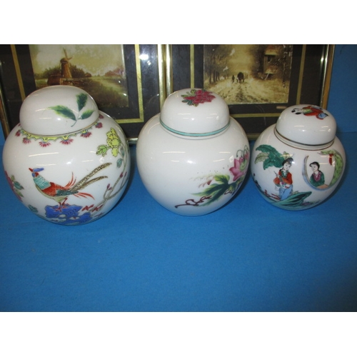 79 - Two decorative tiles in frames and 3 ginger jars, all in good used condition