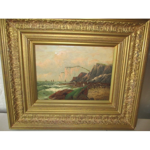 A vintage oil on canvas seascape, indistinctively signed lower right. Approximate size of frame 49cm x 42cm