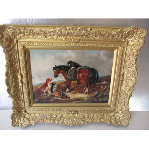 186 - A vintage oil on canvas country scene with dogs and horses, initialled lower left. Approximate size ... 