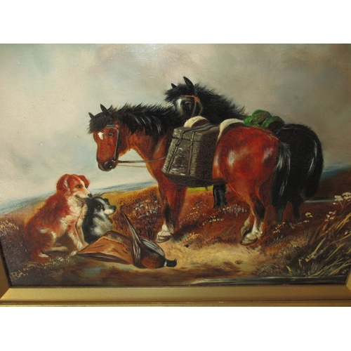 186 - A vintage oil on canvas country scene with dogs and horses, initialled lower left. Approximate size ... 