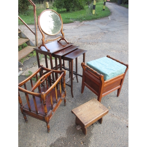 191 - A parcel of miscellaneous furniture items, to include a nest of tables and a canterbury. All with ag... 