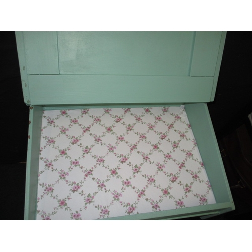 198 - A vintage child’s desk and stool, painted pale green and in useable pre-owned condition