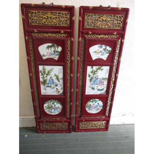 203 - Two vintage Chinese wood wall hangings with polychrome porcelain plaques, in good useable pre-owned ... 