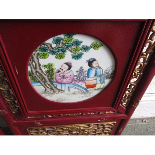 203 - Two vintage Chinese wood wall hangings with polychrome porcelain plaques, in good useable pre-owned ... 