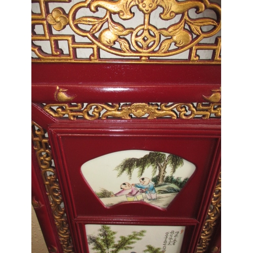 203 - Two vintage Chinese wood wall hangings with polychrome porcelain plaques, in good useable pre-owned ... 