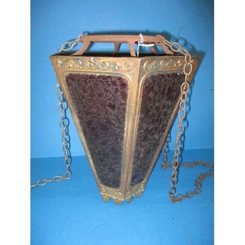 206 - An early 20th century hanging lantern shade with git metal body and decorative red glass panels, app... 