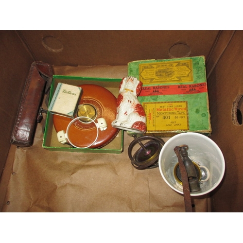 209 - A parcel of miscellanea to include a cased set of 6 silver tea spoons, tins, buttons and tools, all ... 