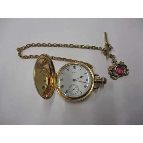 70 - A vintage Waltham gold plated pocket watch with albert chain, runs when wound with use-related marks