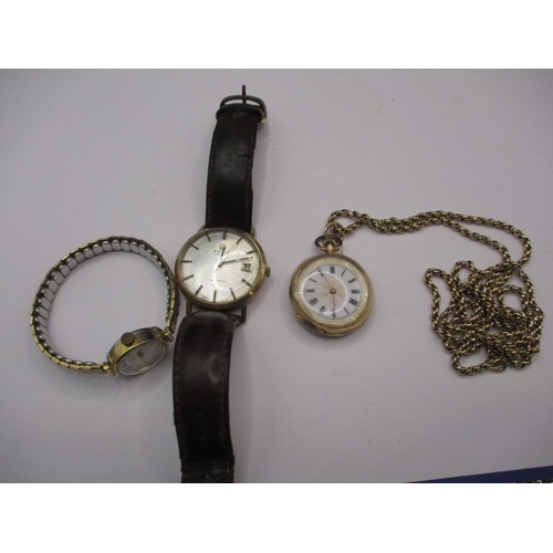 74 - Three vintage watches, to include a 9ct gold cased fob watch with yellow metal chain, an early 1970s... 