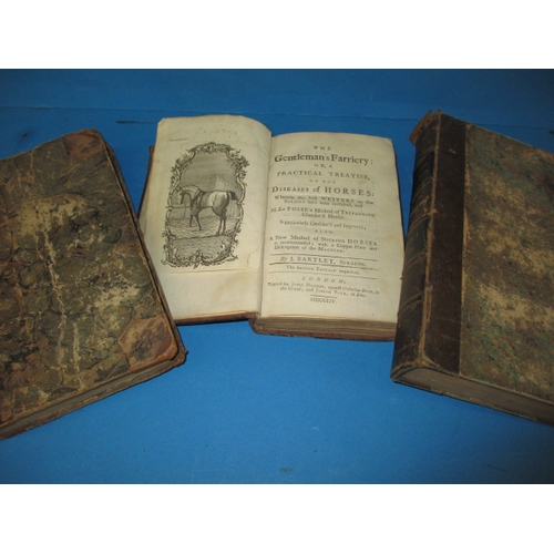 180 - Bartlet’s Farriery a practical treatise on diseases of horses dated 1754, and two other antique hors... 