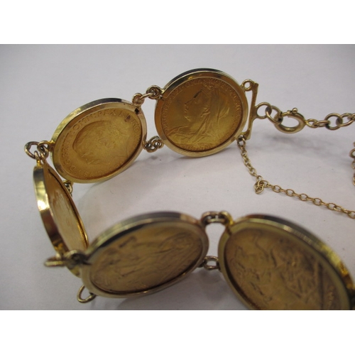 80 - A 9ct gold bracelet mounted with 7 gold half sovereigns, dates 1893-1894-1907-1910-1911-1913-1914, a... 