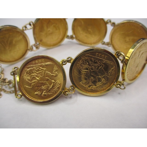 80 - A 9ct gold bracelet mounted with 7 gold half sovereigns, dates 1893-1894-1907-1910-1911-1913-1914, a... 