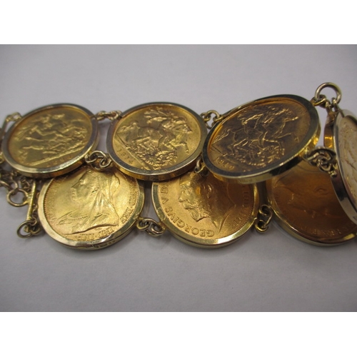 80 - A 9ct gold bracelet mounted with 7 gold half sovereigns, dates 1893-1894-1907-1910-1911-1913-1914, a... 