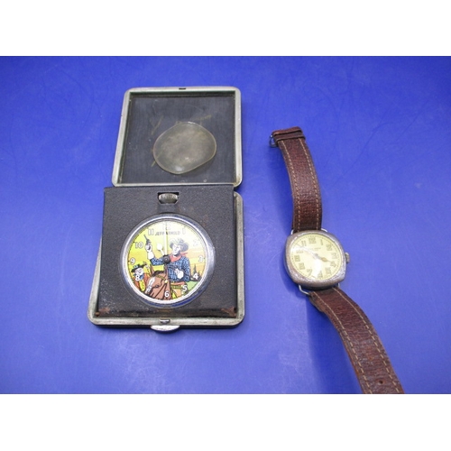 75 - A 1960s Eagle comics Jeff Arnold automaton pocket watch, crystal loose, and a vintage wrist watch, n... 