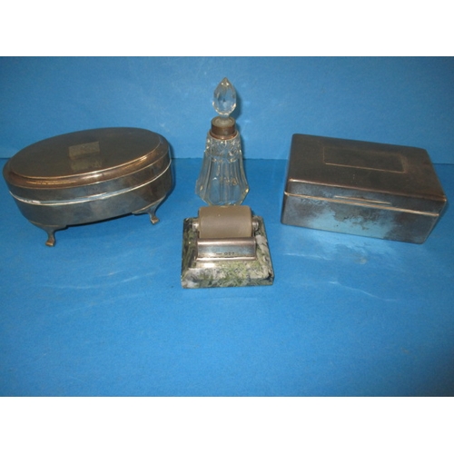 147 - A parcel of silver items, to include a cigar box and a 19th century Sampson Morand & Co desk top sta... 