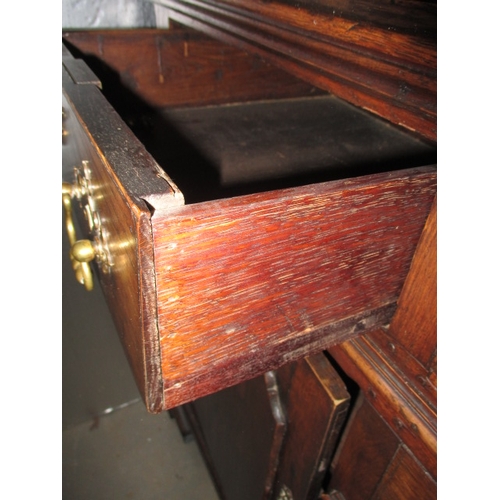 273 - An antique oak kitchen dresser, with removable top rack 3 frieze drawers, central dummy drawers and ... 