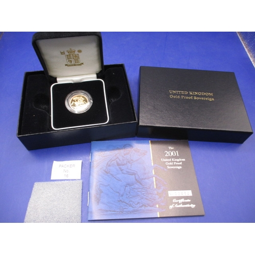 124 - A 2001 Gold proof sovereign in original packing with paperwork