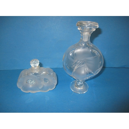 185 - Two vintage Lalique glass scent bottles, one having chip to rim the other having broken stopper, bot... 